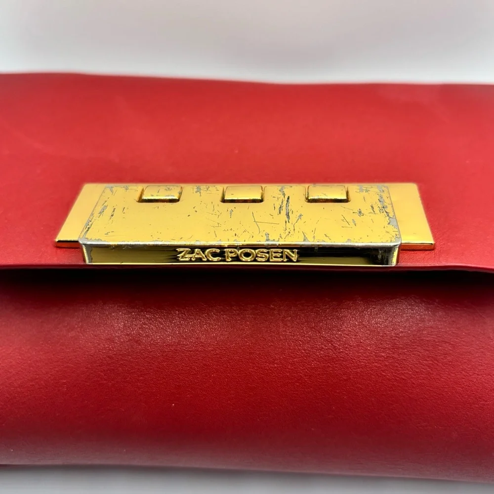 ZAC Zac Posen Red Leather Crossbody Clutch Gold Lock Earthette Style Bag
